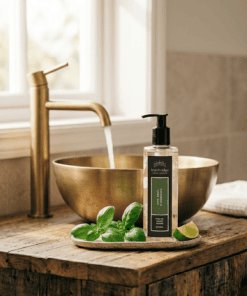 Lime, Basil & Mandarin 250ml liquid hand wash pump bottle styled in a bright bathroom with fresh lime and basil while hands are being washed