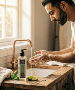 Lime, Basil & Mandarin 250ml liquid hand wash pump bottle styled in a bright kitchen with fresh lime and basil while hands are being washed