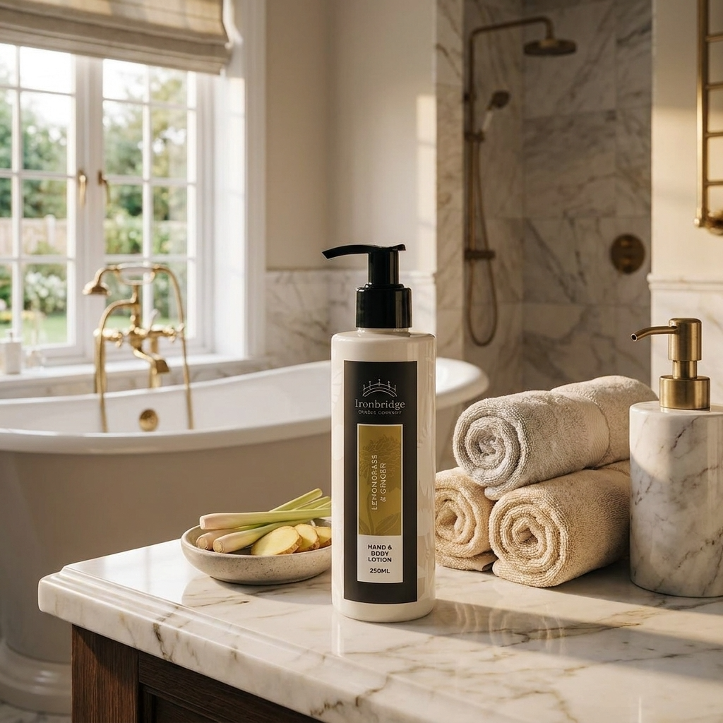 Lemongrass & Ginger 250ml hand and body lotion styled in a fresh bathroom setting with lemongrass and ginger, bringing a bright, energising feel to everyday skin care