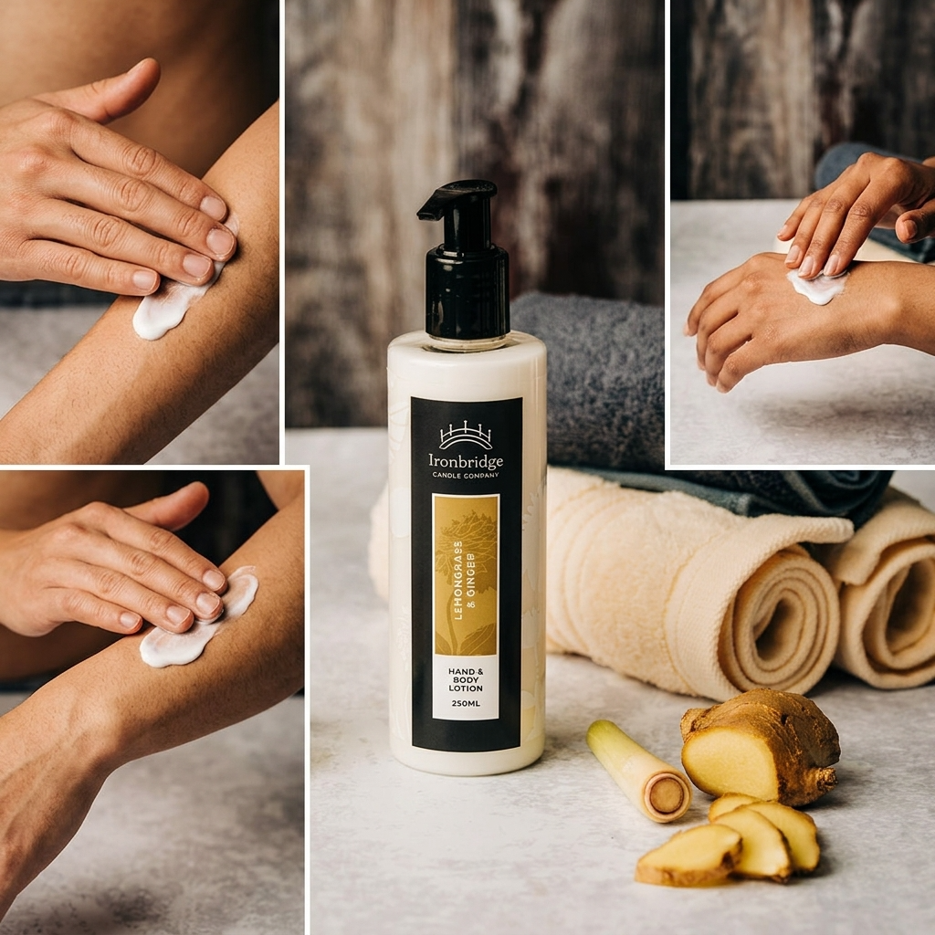 Lemongrass & Ginger hand and body lotion being massaged into the skin, with a fresh citrus fragrance and warming ginger notes for an uplifting daily body-care routine