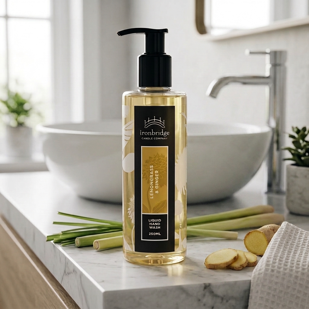 Lemongrass & Ginger 250ml liquid hand wash styled in a bright bathroom setting with fresh lemongrass and ginger, creating an uplifting everyday hand-care experience