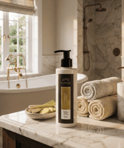 Lemongrass & Ginger 250ml hand and body lotion styled in a fresh bathroom setting with lemongrass and ginger, bringing a bright, energising feel to everyday skin care