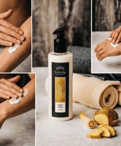 Lemongrass & Ginger hand and body lotion being massaged into the skin, with a fresh citrus fragrance and warming ginger notes for an uplifting daily body-care routine
