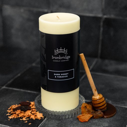Medium Dark Honey & Tobacco soy blend wax pillar candle with warm smoky fragrance