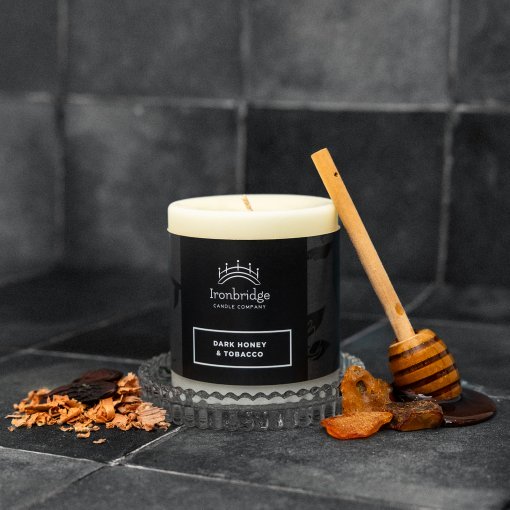 Small Dark Honey & Tobacco soy blend wax pillar candle with warm smoky fragrance