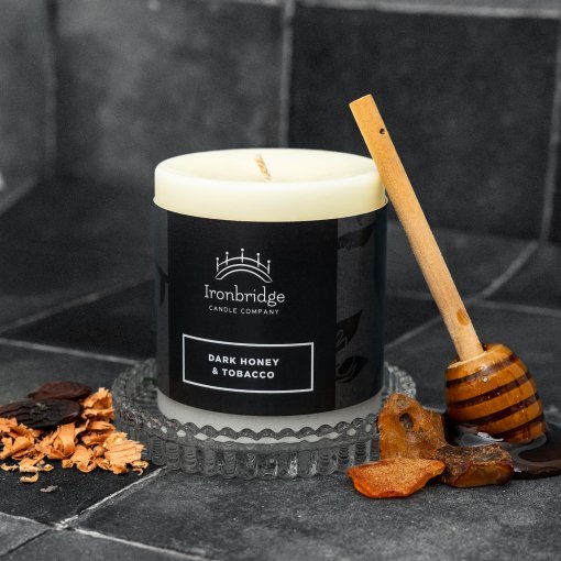 Small Dark Honey & Tobacco soy blend wax pillar candle with warm smoky fragrance