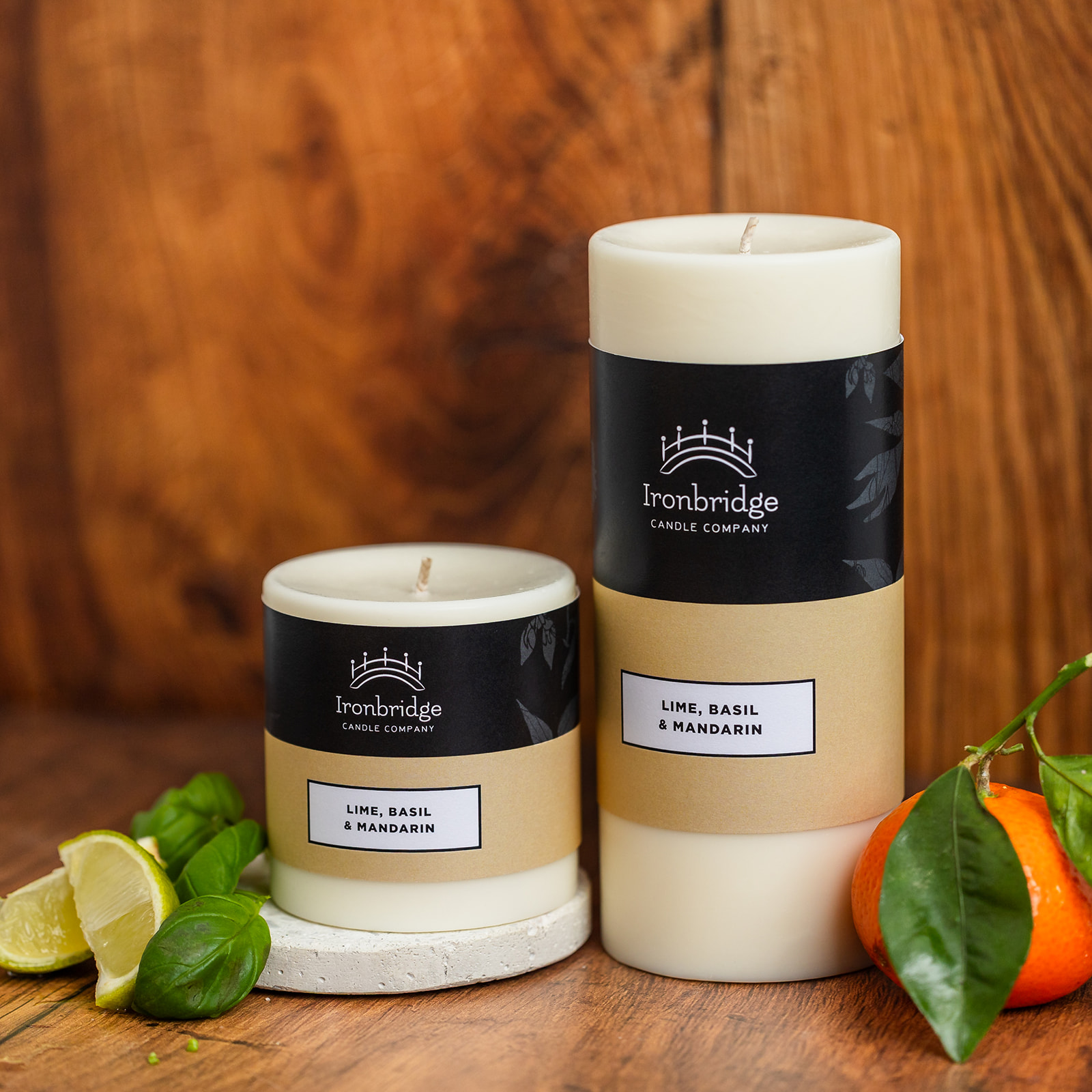 Small and medium Lime, Basil & Mandarin pillar candles with fresh citrus basil fragrance
