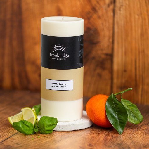 Medium Lime, Basil & Mandarin soy blend wax pillar candle with fresh citrus fragrance