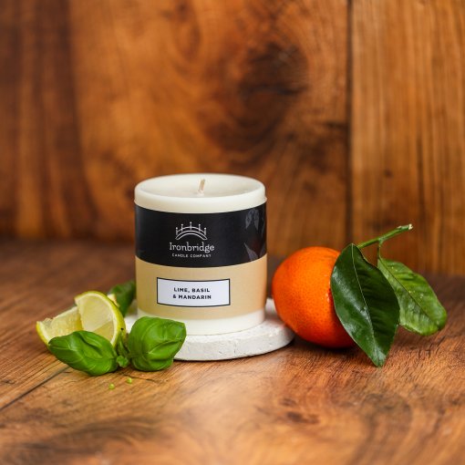 Small Lime, Basil & Mandarin soy blend wax pillar candle with fresh citrus fragrance