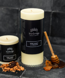 Small and medium Dark Honey & Tobacco soy blend wax pillar candles with warm smoky fragrance