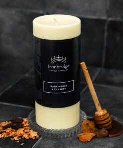 Medium Dark Honey & Tobacco soy blend wax pillar candle with warm smoky fragrance