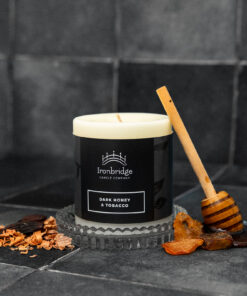 Small Dark Honey & Tobacco soy blend wax pillar candle with warm smoky fragrance