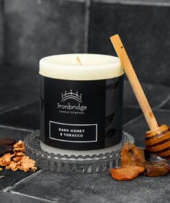Small Dark Honey & Tobacco soy blend wax pillar candle with warm smoky fragrance