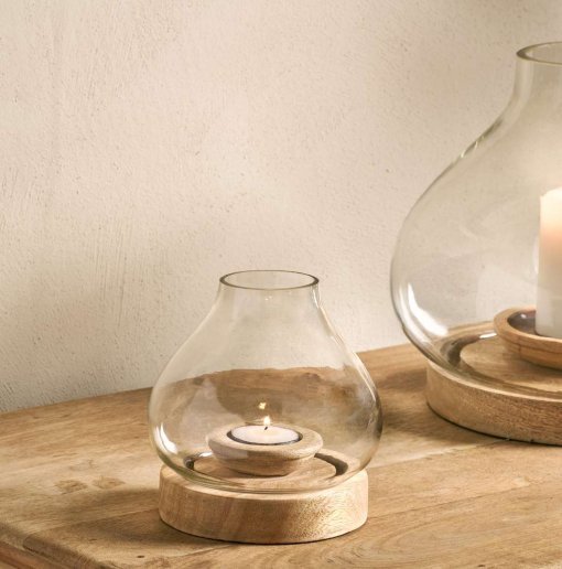 Small Naryla lantern with a recycled glass bulb shape that sits perfectly in a solid mango wood base