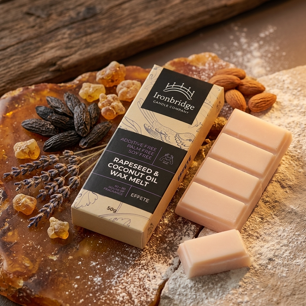 Effete wax melt snap bar styled in a luxurious lifestyle setting with soft floral and powdery fragrance notes