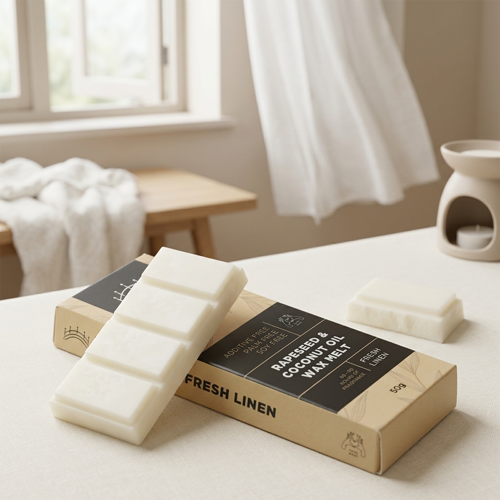 Fresh Linen Wax Melt Snap Bar Lifestyle Image. Clean cotton fragrance with a soft, fresh-from-the-line finish