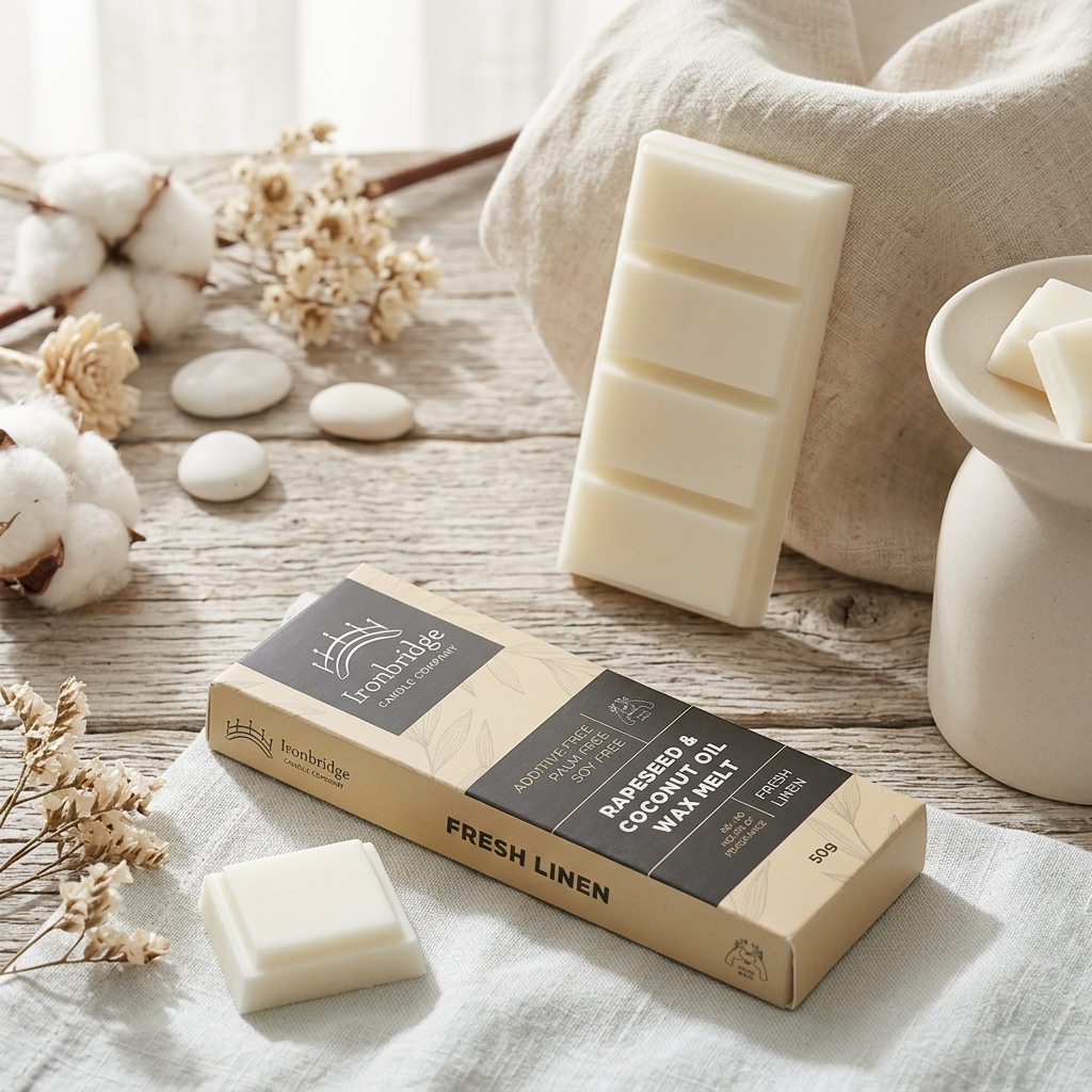 Fresh Linen Wax Melt Snap Bar Lifestyle Image. Clean cotton fragrance with a soft, fresh-from-the-line finish