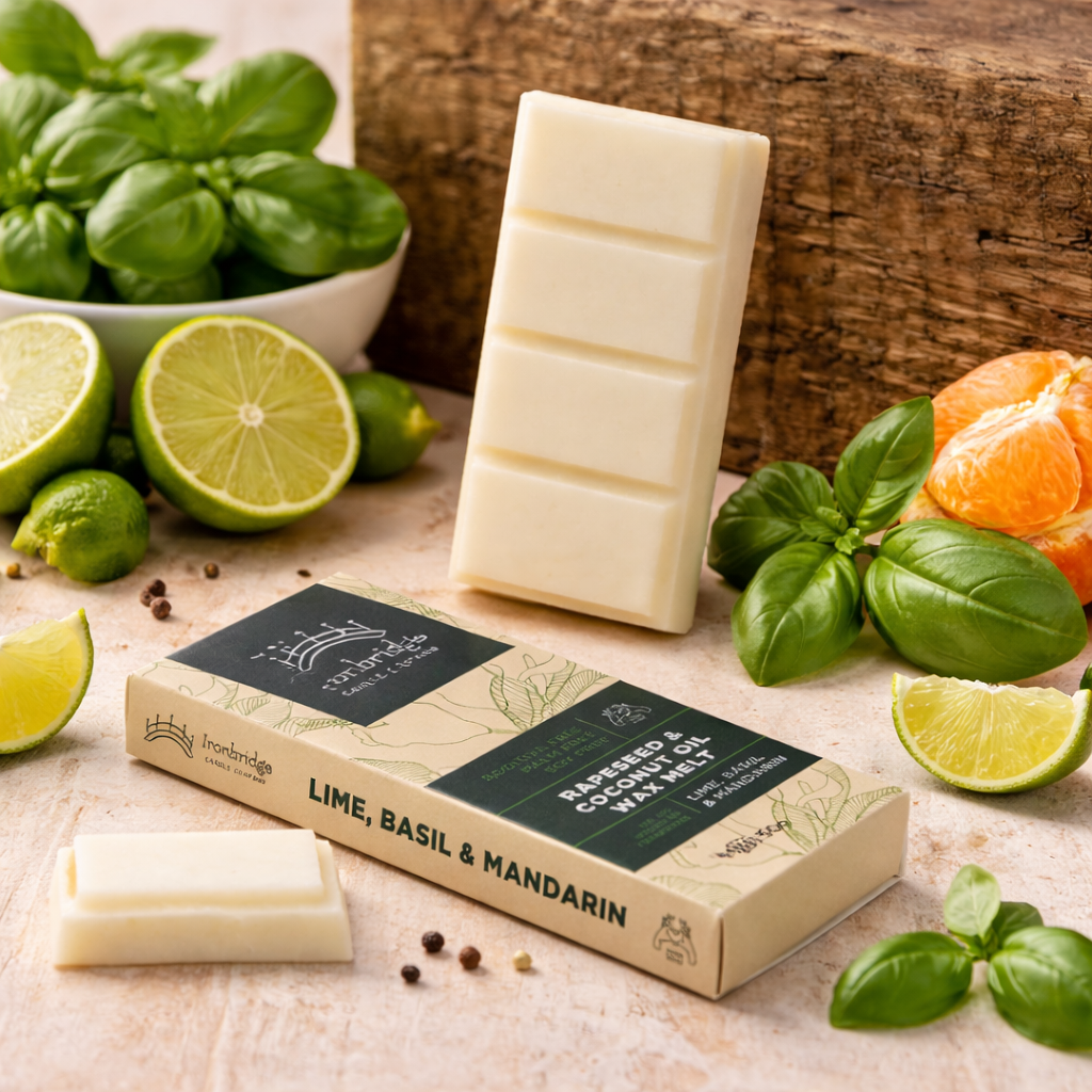 Lime, Basil & Mandarin wax melts styled for fresh uplifting home fragrance