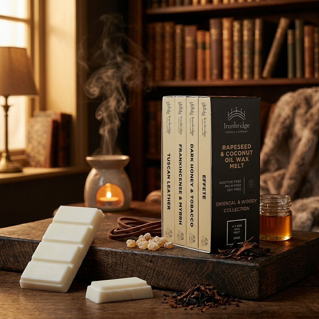 Oriental & Woody wax melt collection box styled in a luxurious lifestyle setting with four rich, warm and woody fragrances