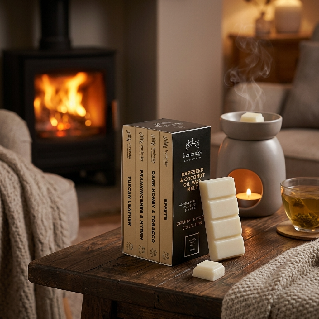 Oriental & Woody wax melt collection box styled in a luxurious lifestyle setting with four rich, warm and woody fragrances
