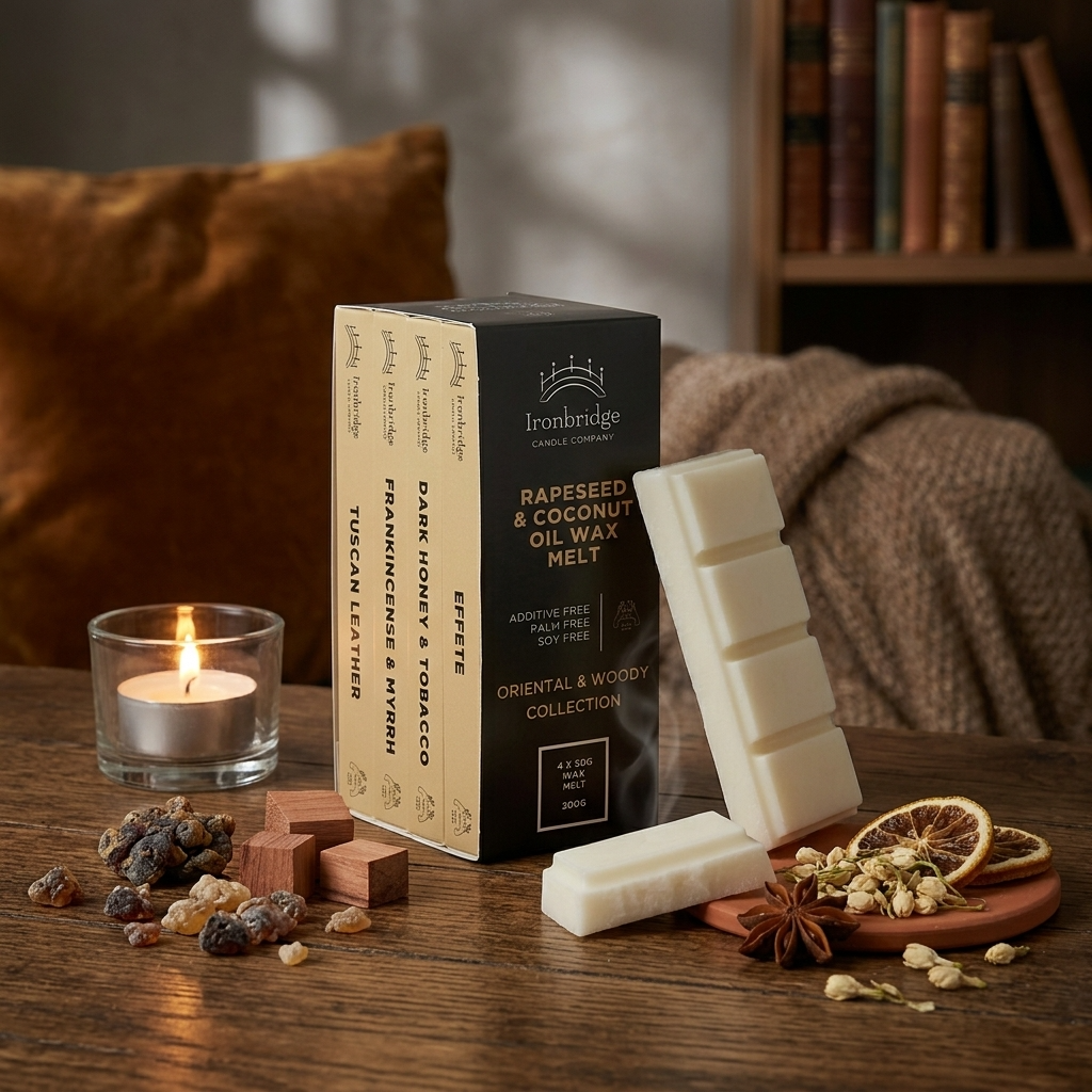 Oriental & Woody wax melt collection box styled in a luxurious lifestyle setting with four rich, warm and woody fragrances