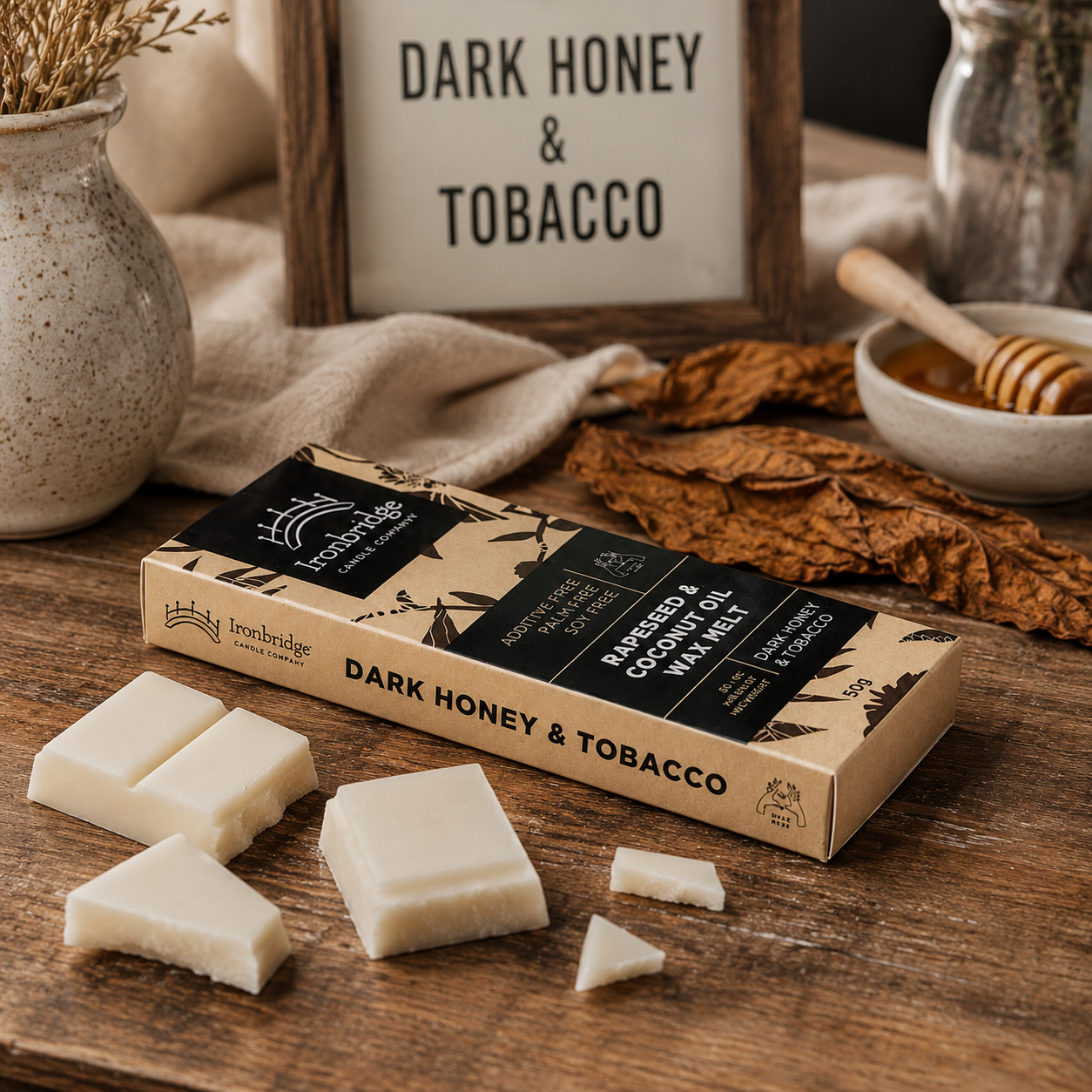 Dark Honey & Tobacco wax melt snap bar with warm smoky honey and tobacco fragrance, handmade by Ironbridge Candle Company