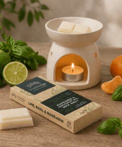 Lime, Basil & Mandarin wax melt warming in burner with fresh citrus fragrance