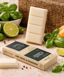 Lime, Basil & Mandarin wax melts styled for fresh uplifting home fragrance