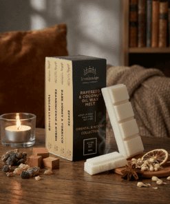 Oriental & Woody wax melt collection box styled in a luxurious lifestyle setting with four rich, warm and woody fragrances