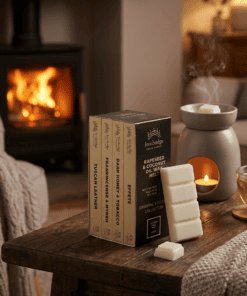 Oriental & Woody wax melt collection box styled in a luxurious lifestyle setting with four rich, warm and woody fragrances