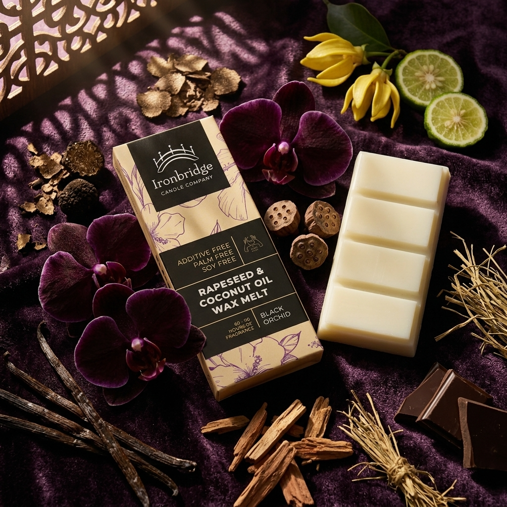 Black Orchid rapeseed and coconut wax melt snap bar with dark floral and woody fragrance notes