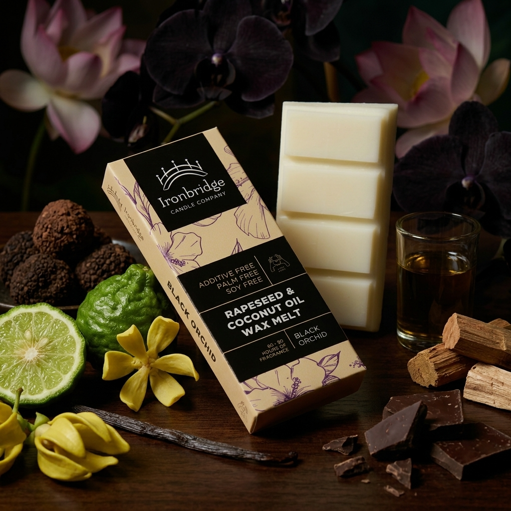 Black Orchid rapeseed and coconut wax melt snap bar with dark floral and woody fragrance notes