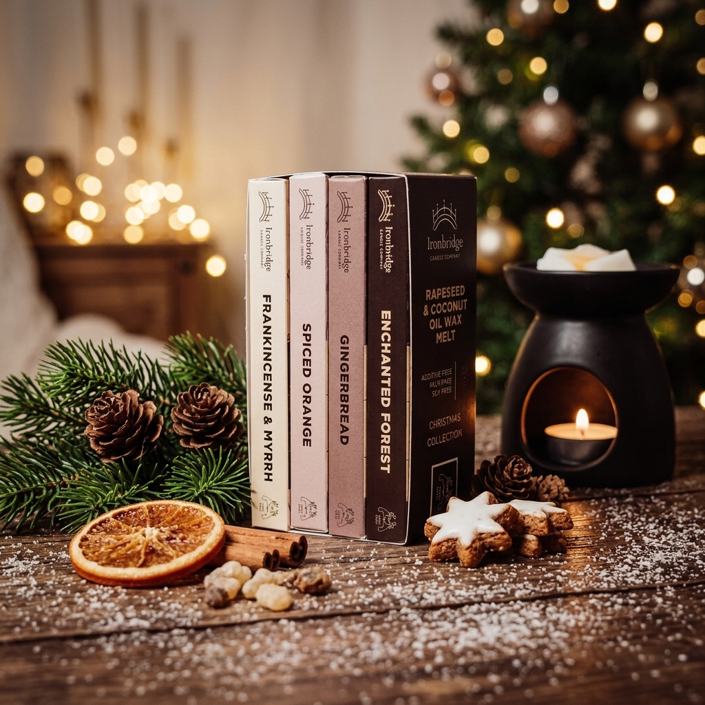 Christmas Wax Melt Collection lifestyle image showing the festive gift box with four full-size seasonal wax melt snap bars, styled with Christmas decorations and warming fragrance ingredients