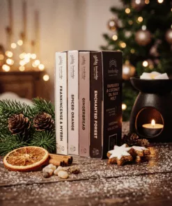 Christmas Wax Melt Collection lifestyle image showing the festive gift box with four full-size seasonal wax melt snap bars, styled with Christmas decorations and warming fragrance ingredients