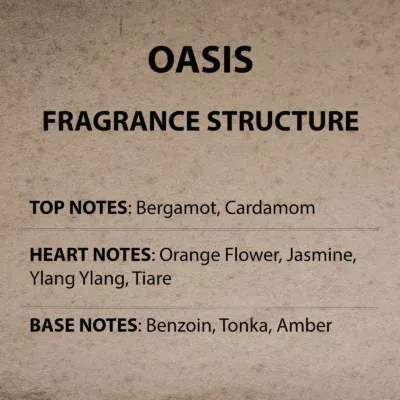 A close up of the label for an oasis fragrance