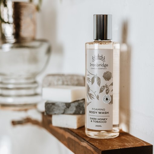 250ml Dark Honey & Tobacco foaming body wash with Aloe Vera and natural cleansing ingredients styled for luxury bath and shower