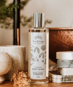 250ml Dark Honey & Tobacco foaming body wash with Aloe Vera and natural cleansing ingredients styled for luxury bath and shower