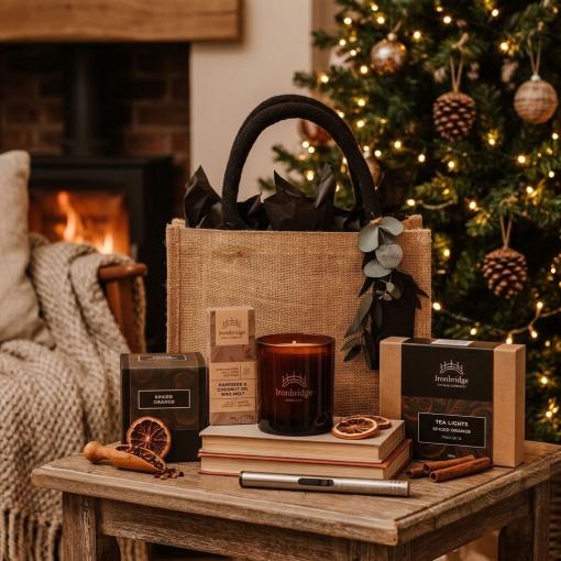 Winter Radiance Gift Set with Natural Jute Bag, containing a candle, wax melt snap bar, scented tea lights and a candle lighter