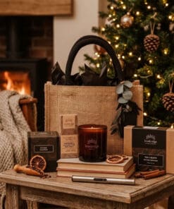 Winter Radiance Gift Set with Natural Jute Bag, containing a candle, wax melt snap bar, scented tea lights and a candle lighter