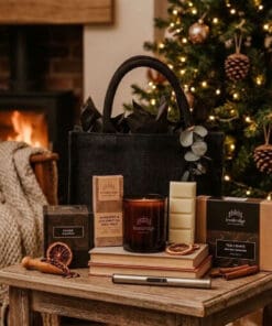 Winter Radiance Gift Set with Black Jute Bag, containing a candle, wax melt snap bar, scented tea lights and a candle lighter