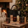 Winter Radiance Gift Set with Black Jute Bag, containing a candle, wax melt snap bar, scented tea lights and a candle lighter