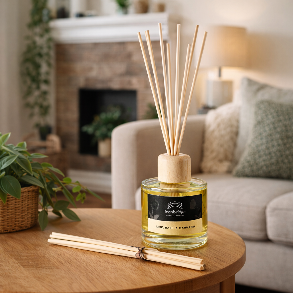 Lime, Basil & Mandarin reed diffuser styled for fresh uplifting home fragrance
