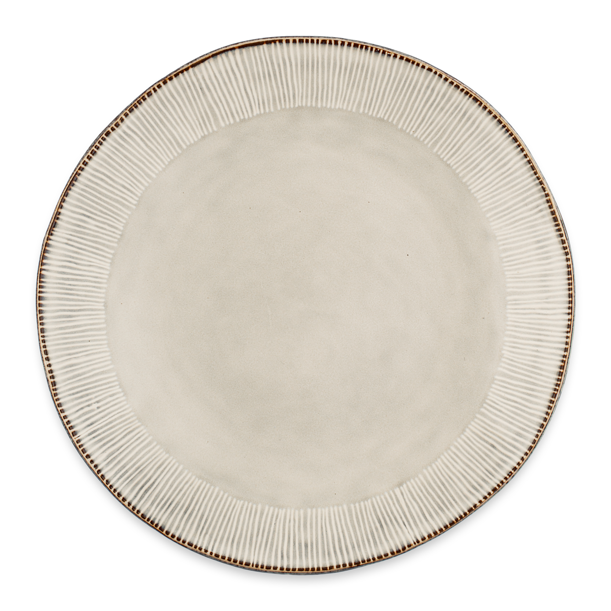 Close-up of the Malia Dinner Plate - Cream by Nkuku, showing the cream stoneware surface, subtle glaze variation and fine hand-painted line detail around the edge.