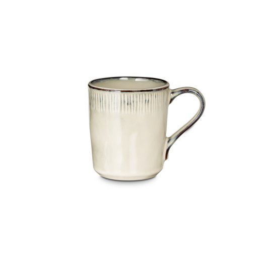 Close-up of the Malia Mug - Cream by Nkuku, showing the cream stoneware surface, textured handle, subtle glaze variation and fine hand-painted line detail.