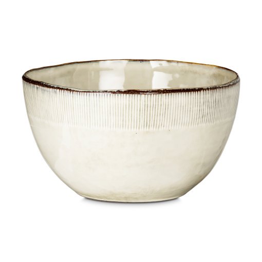Close-up of the Malia Serving Bowl - Cream by Nkuku, showing the cream stoneware surface, subtle reactive glaze variation and fine hand-painted line detail around the rim.