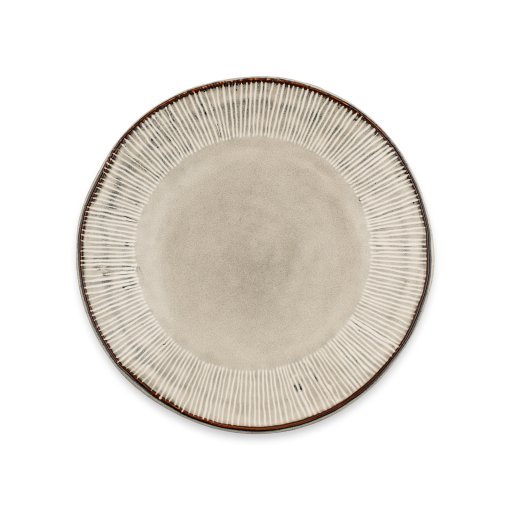 Close-up of the Malia Side Plate - Cream by Nkuku, showing the cream stoneware surface, fine hand-painted line detail and subtle glaze variation around the rim.