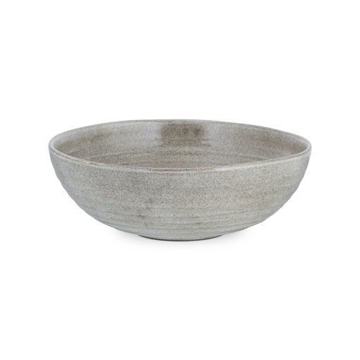 Close-up of the Valinha Earthenware Serving Bowl - Grey by Nkuku, showing the textured spiral pattern, grey earthenware surface and natural tonal variation in the glaze.