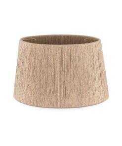 Close-up of the Tiwa Woven Jute Lampshade by Nkuku, showing the natural jute fibres, open weave and textured fabric finish.