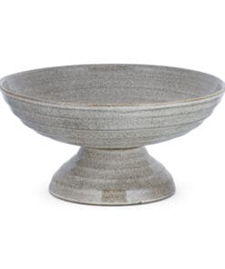 Valinha Earthenware Footed Bowl - Grey by Nkuku, showing the wide shallow bowl shape, raised footed base, textured spiral pattern and layered grey glaze.