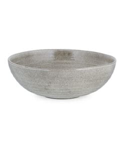 Close-up of the Valinha Earthenware Serving Bowl - Grey by Nkuku, showing the textured spiral pattern, grey earthenware surface and natural tonal variation in the glaze.